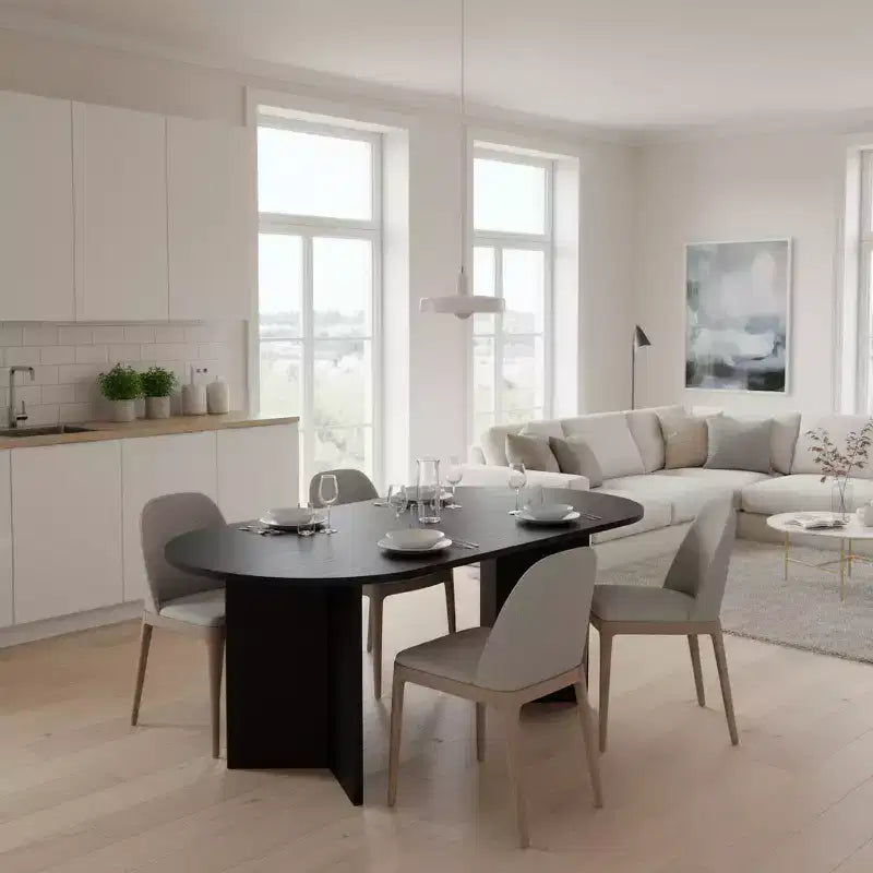 Table à manger ovale, finition bois noir, pièce maîtresse moderne et minimaliste