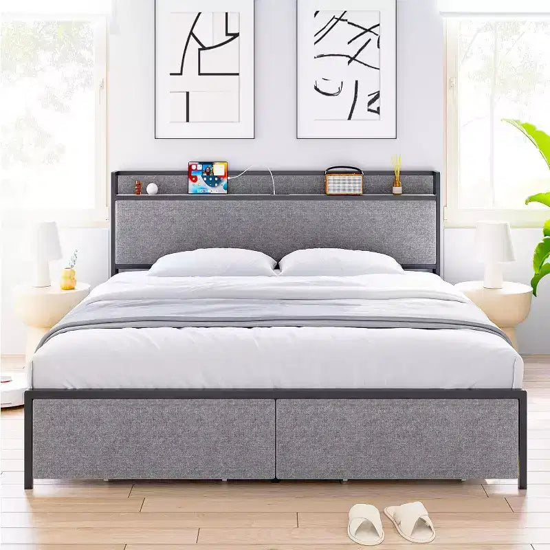King Bed Frame with 2 Storage Drawer, Upholstered Platform Bed with Headboard, USB Port & Outlets, No Box Spring Bed, Easy Assemble