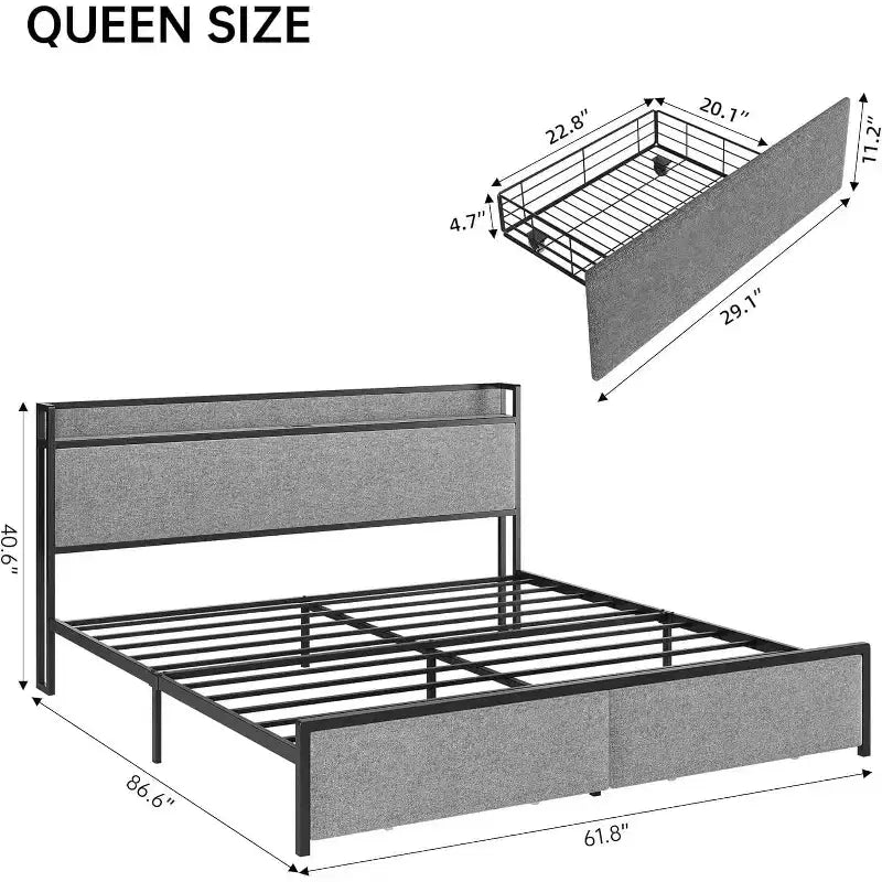 Cadre de lit King avec 2 tiroirs de rangement, lit plateforme tapissé avec tête de lit, port USB et prises, pas de sommier tapissier, montage facile