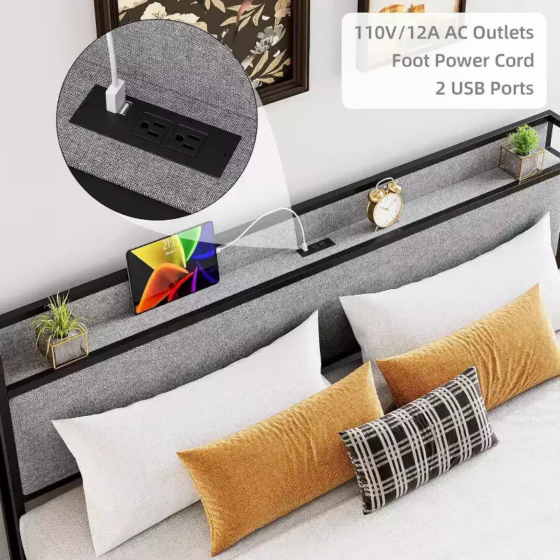 Cadre de lit King avec 2 tiroirs de rangement, lit plateforme tapissé avec tête de lit, port USB et prises, pas de sommier tapissier, montage facile