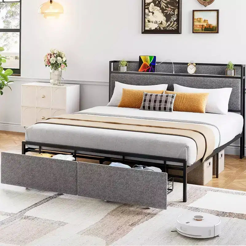 Cadre de lit King avec 2 tiroirs de rangement, lit plateforme tapissé avec tête de lit, port USB et prises, pas de sommier tapissier, montage facile