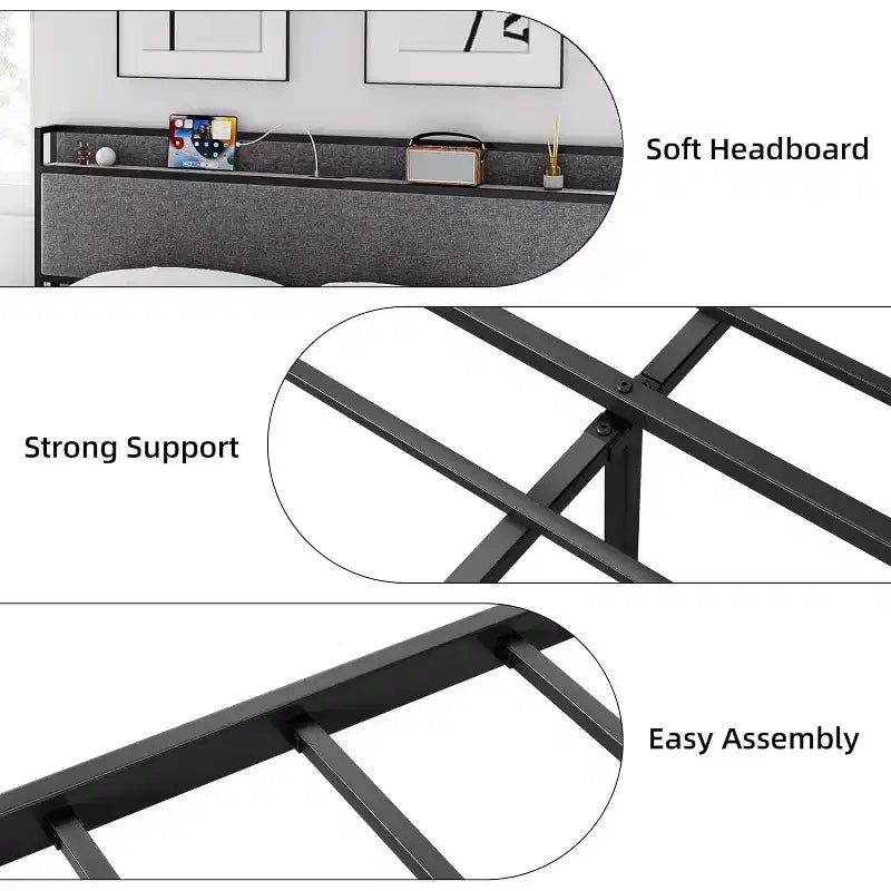Cadre de lit King avec 2 tiroirs de rangement, lit plateforme tapissé avec tête de lit, port USB et prises, pas de sommier tapissier, montage facile
