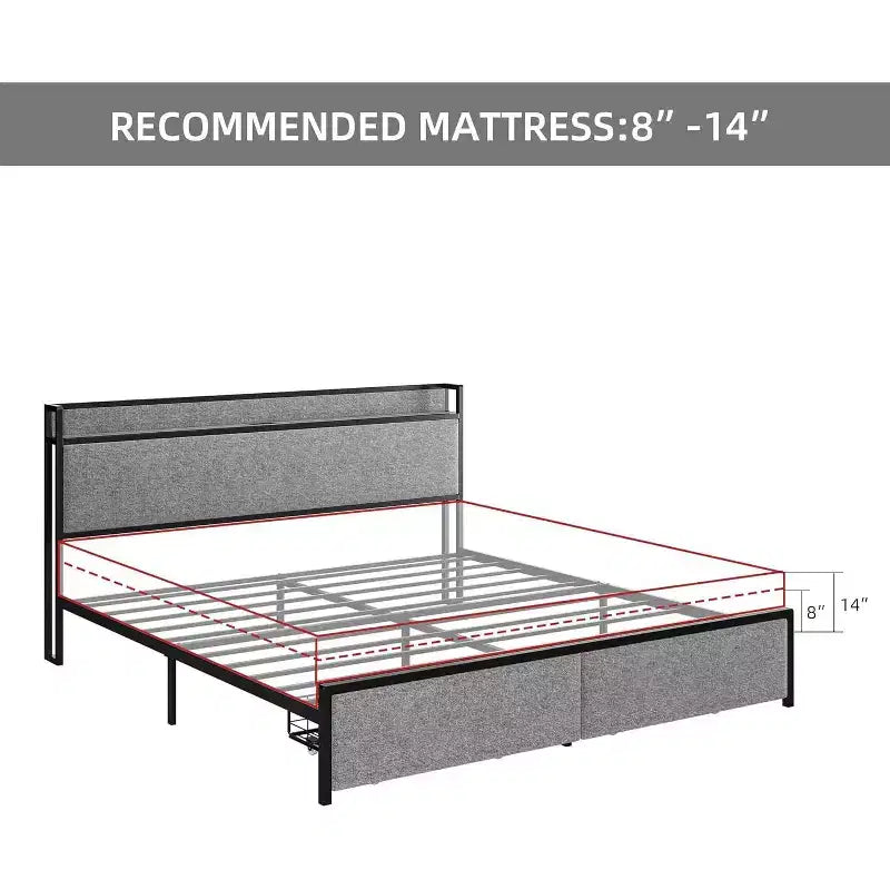Cadre de lit King avec 2 tiroirs de rangement, lit plateforme tapissé avec tête de lit, port USB et prises, pas de sommier tapissier, montage facile