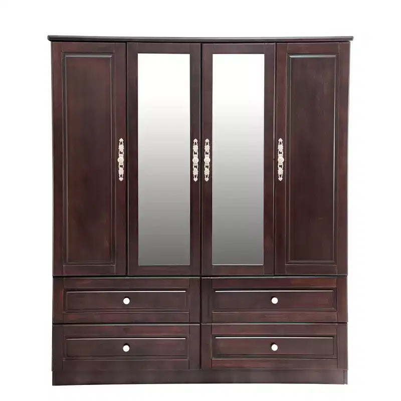 Keloyid Seusar Brownish Black Wood 61.42 in. Armoire with 4 Drawers, 2 Mirror, Hanging Rod and Shelves