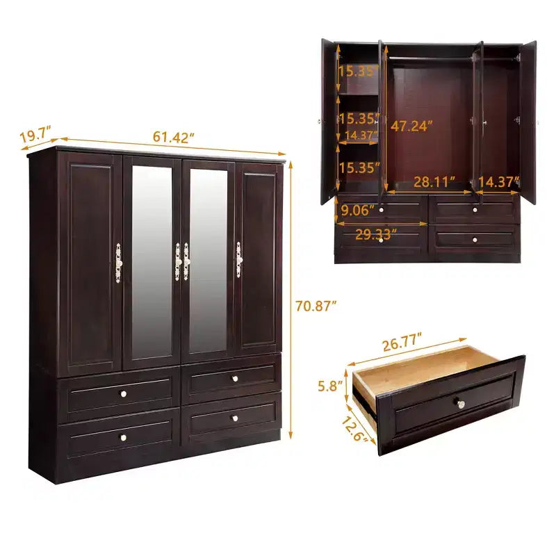 Armoire brun-noir de 156 cm avec 4 tiroirs, 2 miroirs, une tringle de suspension et des étagères