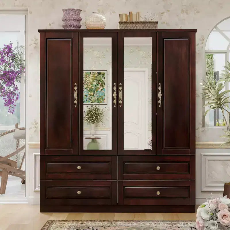 Armoire brun-noir de 156 cm avec 4 tiroirs, 2 miroirs, une tringle de suspension et des étagères