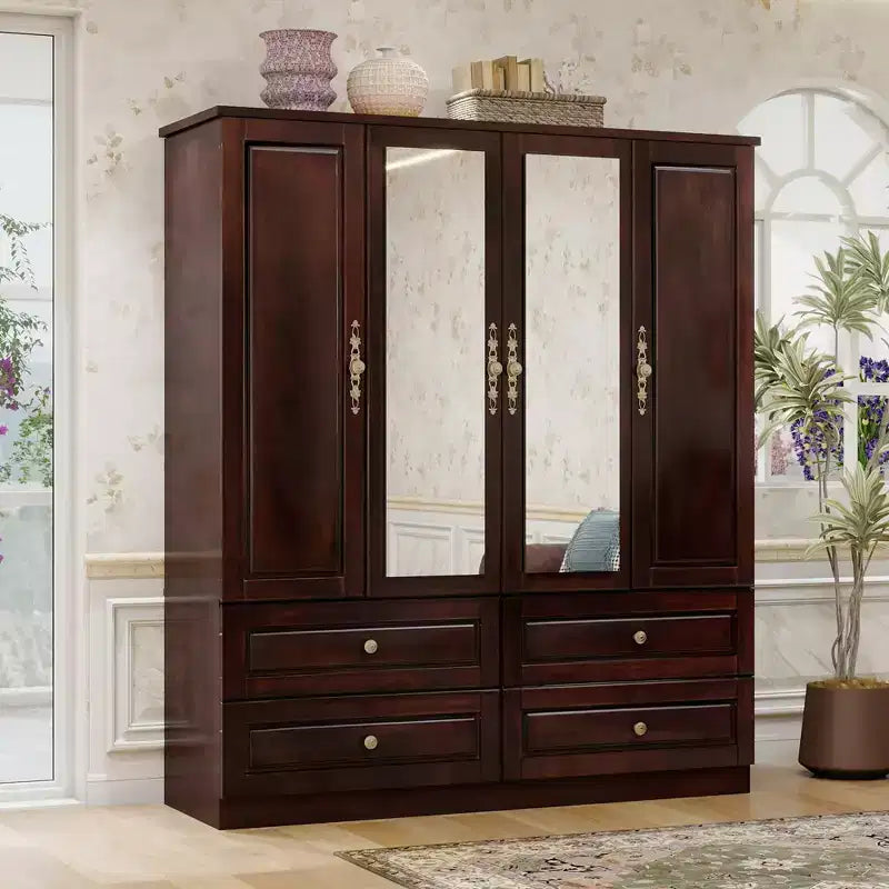 Armoire brun-noir de 156 cm avec 4 tiroirs, 2 miroirs, une tringle de suspension et des étagères