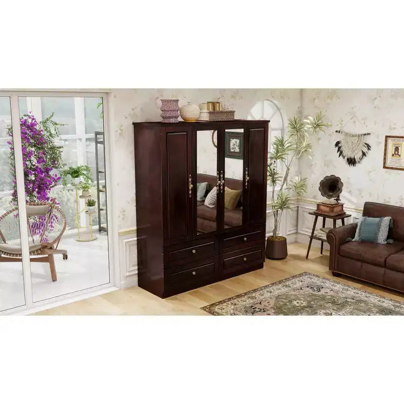 Armoire brun-noir de 156 cm avec 4 tiroirs, 2 miroirs, une tringle de suspension et des étagères
