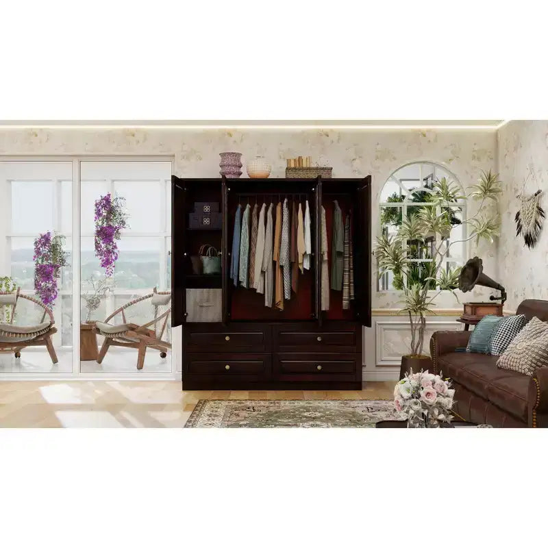 Armoire brun-noir de 156 cm avec 4 tiroirs, 2 miroirs, une tringle de suspension et des étagères
