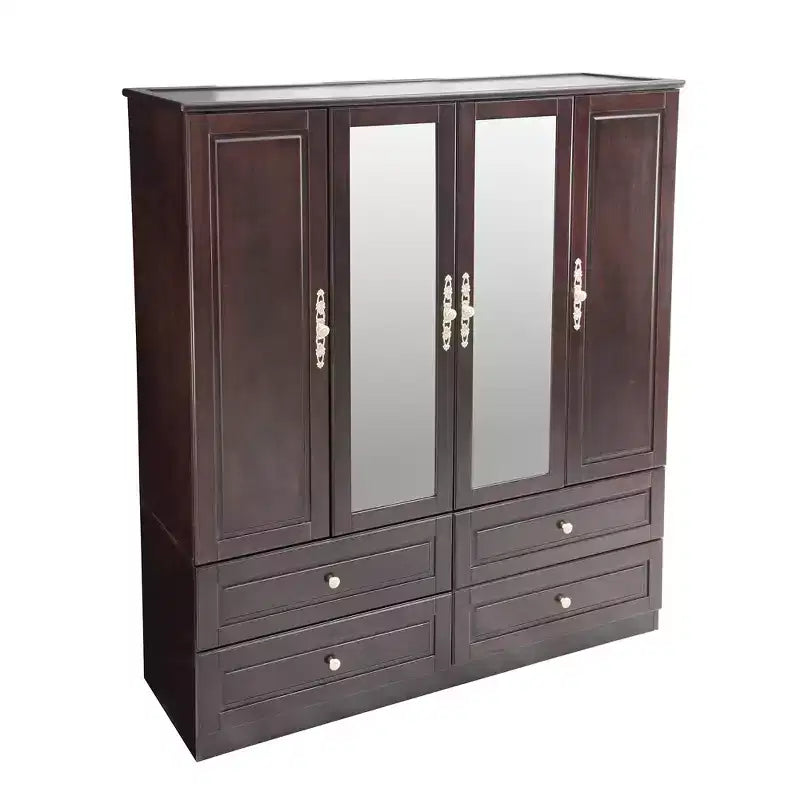 Armoire brun-noir de 156 cm avec 4 tiroirs, 2 miroirs, une tringle de suspension et des étagères