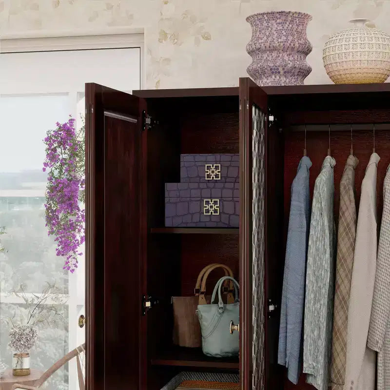 Armoire brun-noir de 156 cm avec 4 tiroirs, 2 miroirs, une tringle de suspension et des étagères
