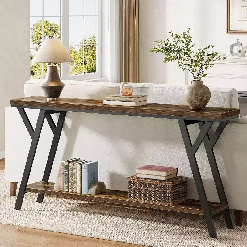 Console étroite de 70,9 pouces pour entrée longue, table de canapé industrielle à 2 niveaux derrière le canapé pour couloir, salon, hall d'entrée