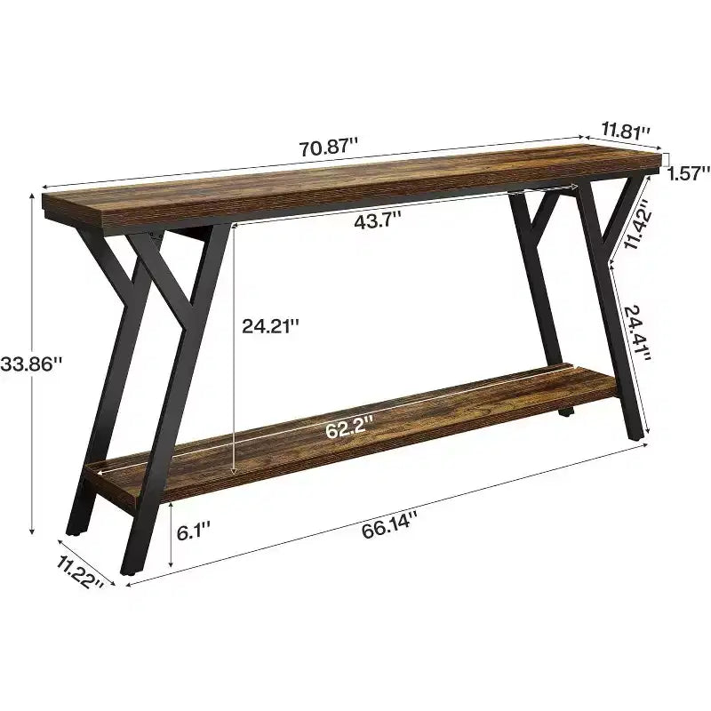 Console étroite de 70,9 pouces pour entrée longue, table de canapé industrielle à 2 niveaux derrière le canapé pour couloir, salon, hall d'entrée