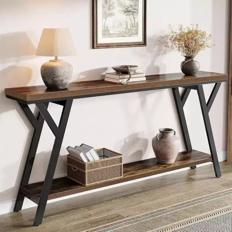 Console étroite de 70,9 pouces pour entrée longue, table de canapé industrielle à 2 niveaux derrière le canapé pour couloir, salon, hall d'entrée