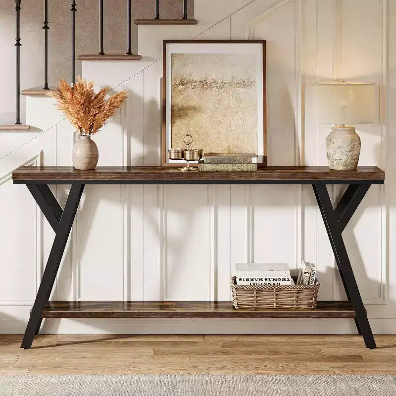 Console étroite de 70,9 pouces pour entrée longue, table de canapé industrielle à 2 niveaux derrière le canapé pour couloir, salon, hall d'entrée