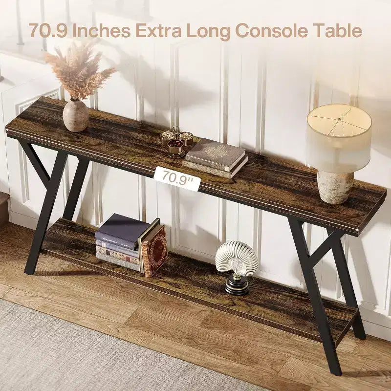 Console étroite de 70,9 pouces pour entrée longue, table de canapé industrielle à 2 niveaux derrière le canapé pour couloir, salon, hall d'entrée