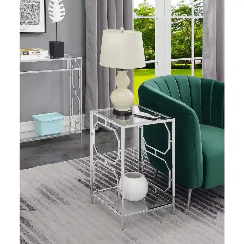 HomeStock 24 in.H Silver Color Rectangle Glass Table Top End Table 1 -piece