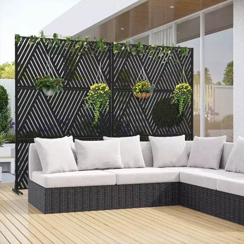 Paravent décoratif autoportant en acier galvanisé noir en forme de V triangulaire pour balcon, terrasse, jardin, séparateur de pièce