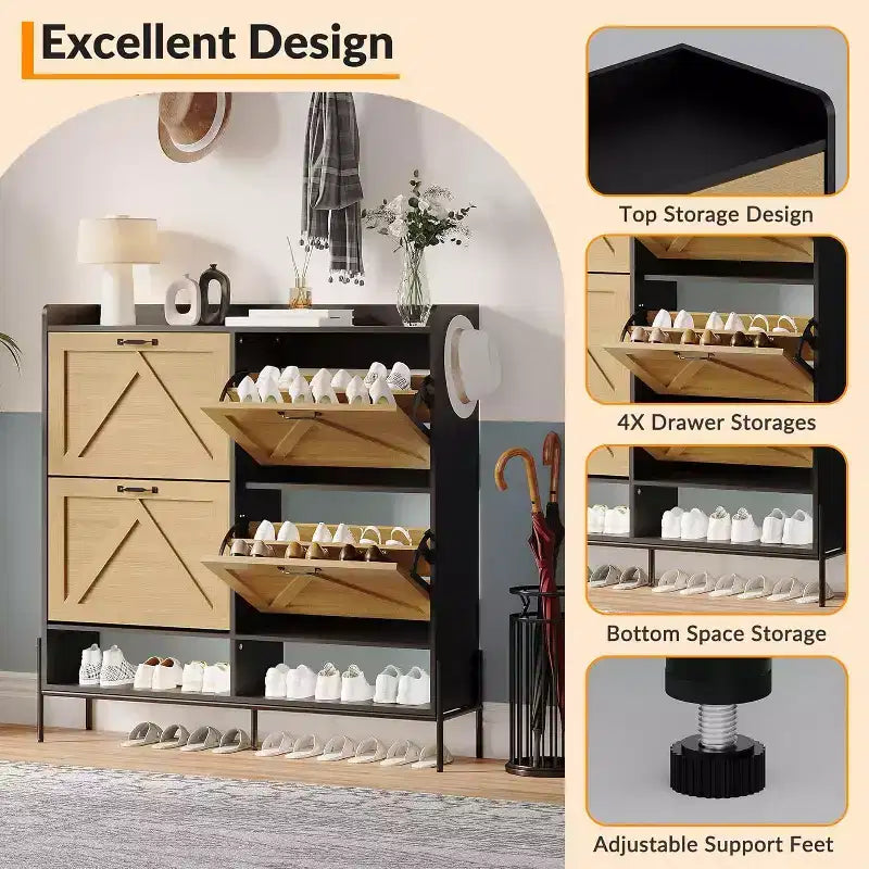 Meuble à chaussures avec 4 tiroirs basculants – Organisateur de rangement à chaussures sur pied avec pieds en métal, séparation sec et humide pour l'entrée