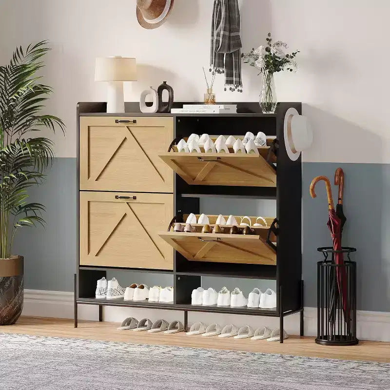Meuble à chaussures avec 4 tiroirs basculants – Organisateur de rangement à chaussures sur pied avec pieds en métal, séparation sec et humide pour l'entrée