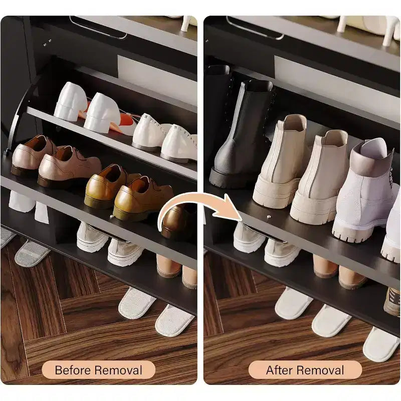 Meuble à chaussures avec 4 tiroirs basculants – Organisateur de rangement à chaussures sur pied avec pieds en métal, séparation sec et humide pour l'entrée