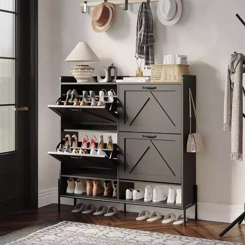 Meuble à chaussures avec 4 tiroirs basculants – Organisateur de rangement à chaussures sur pied avec pieds en métal, séparation sec et humide pour l'entrée