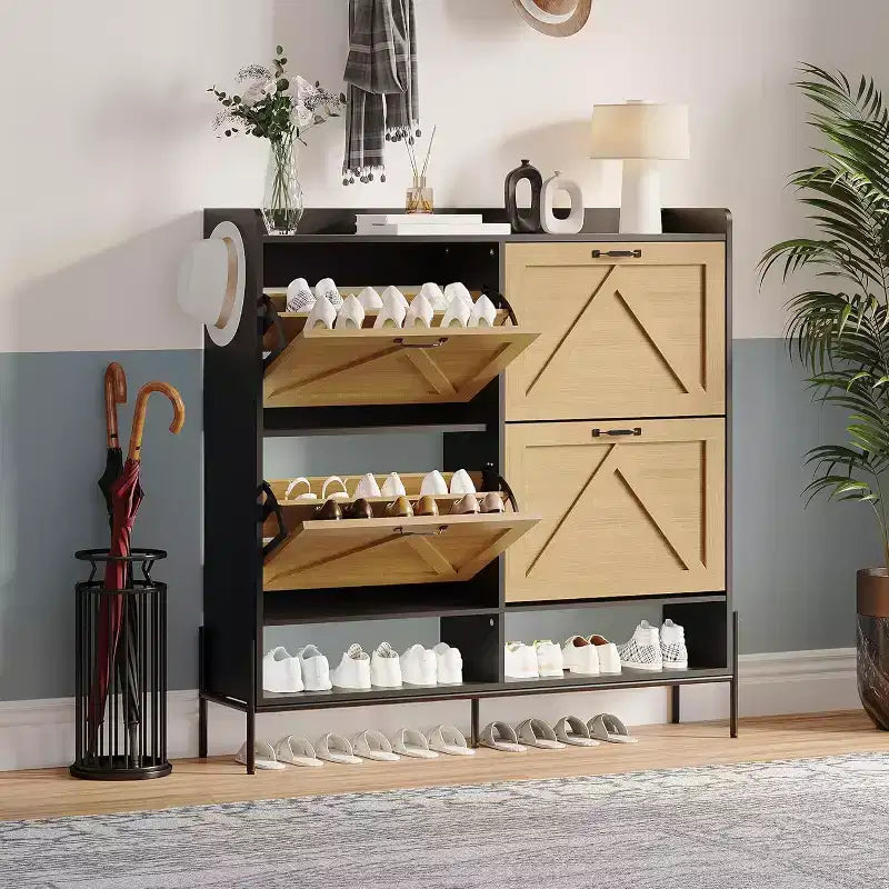Meuble à chaussures avec 4 tiroirs basculants – Organisateur de rangement à chaussures sur pied avec pieds en métal, séparation sec et humide pour l'entrée