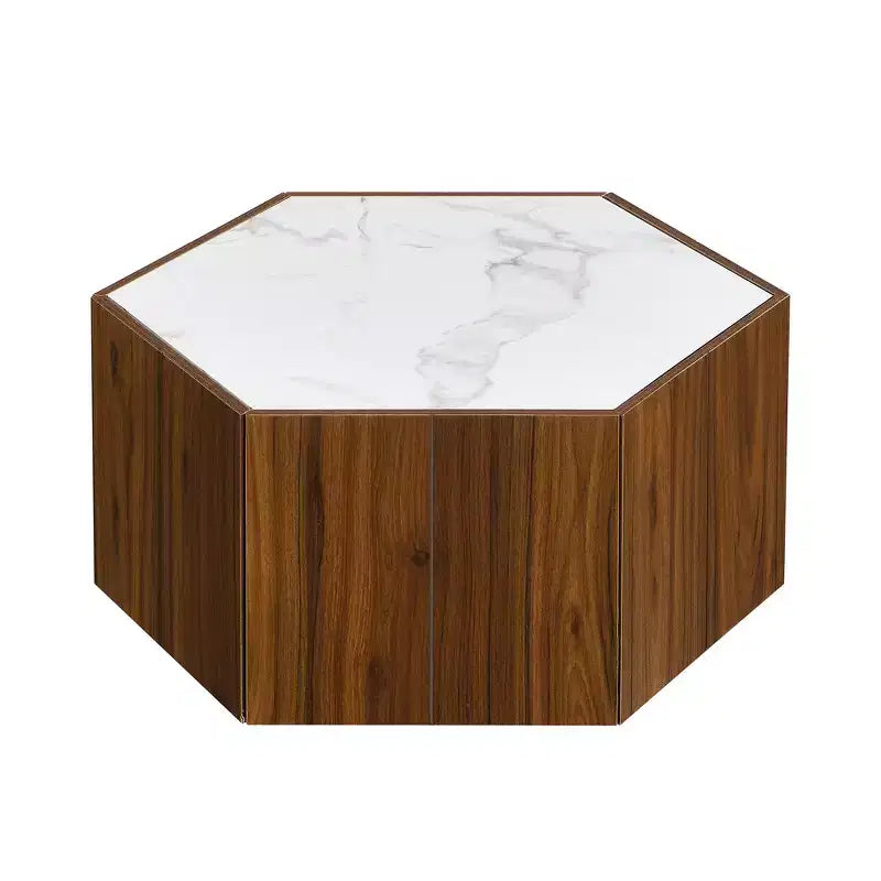 Table basse hexagonale rustique et rétro avec 2 tiroirs cachés, plateau en marbre et finition chêne pour salon
