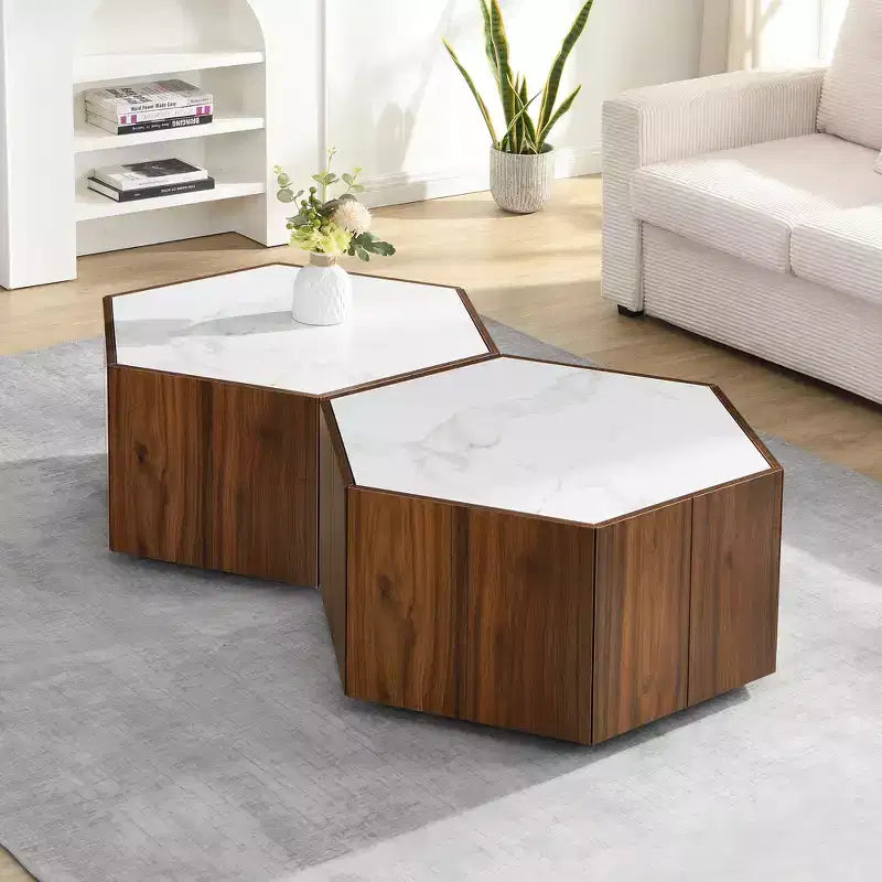 Table basse hexagonale rustique et rétro avec 2 tiroirs cachés, plateau en marbre et finition chêne pour salon