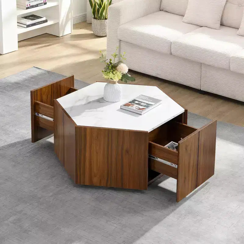 Table basse hexagonale rustique et rétro avec 2 tiroirs cachés, plateau en marbre et finition chêne pour salon