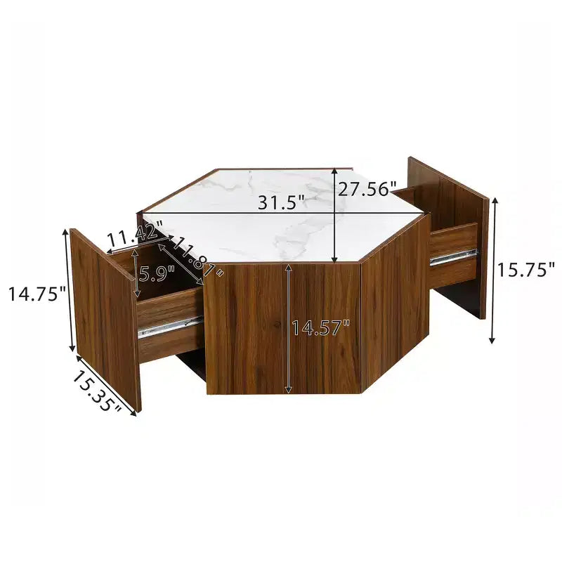 Table basse hexagonale rustique et rétro avec 2 tiroirs cachés, plateau en marbre et finition chêne pour salon