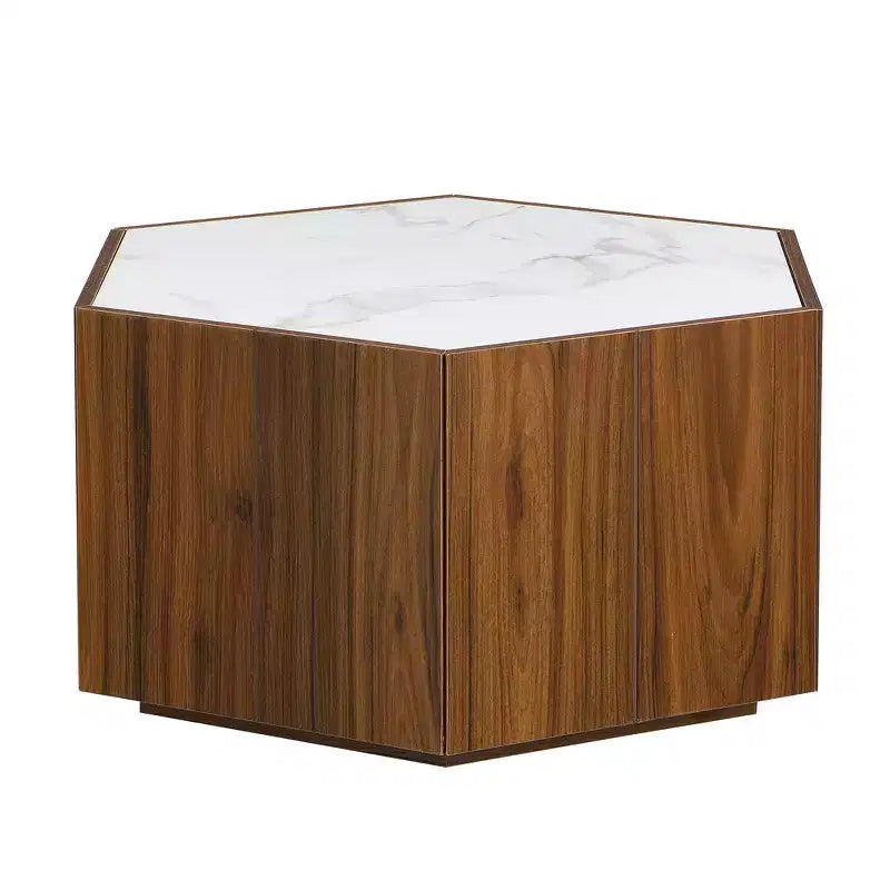 Table basse hexagonale rustique et rétro avec 2 tiroirs cachés, plateau en marbre et finition chêne pour salon