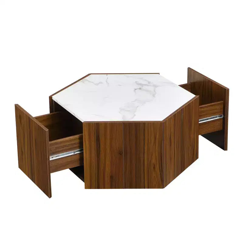 Table basse hexagonale rustique et rétro avec 2 tiroirs cachés, plateau en marbre et finition chêne pour salon