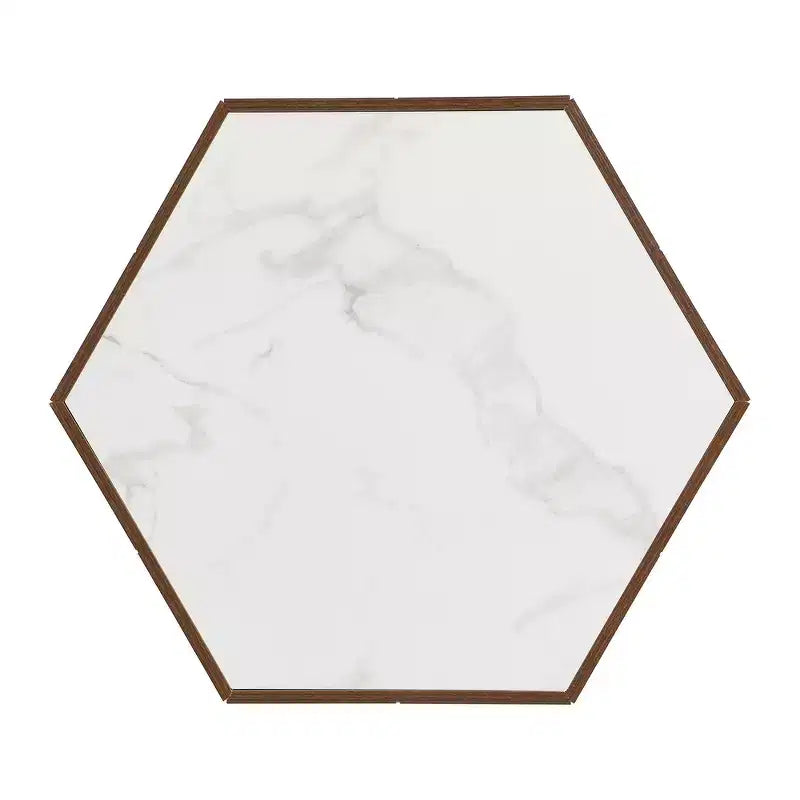 Table basse hexagonale rustique et rétro avec 2 tiroirs cachés, plateau en marbre et finition chêne pour salon