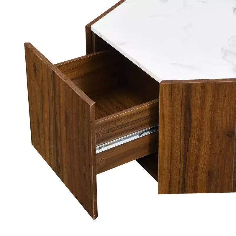 Table basse hexagonale rustique et rétro avec 2 tiroirs cachés, plateau en marbre et finition chêne pour salon