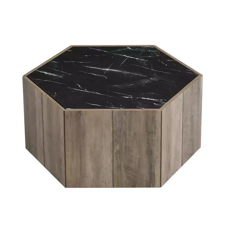Table basse hexagonale rustique et rétro avec 2 tiroirs cachés, plateau en marbre et finition chêne pour salon