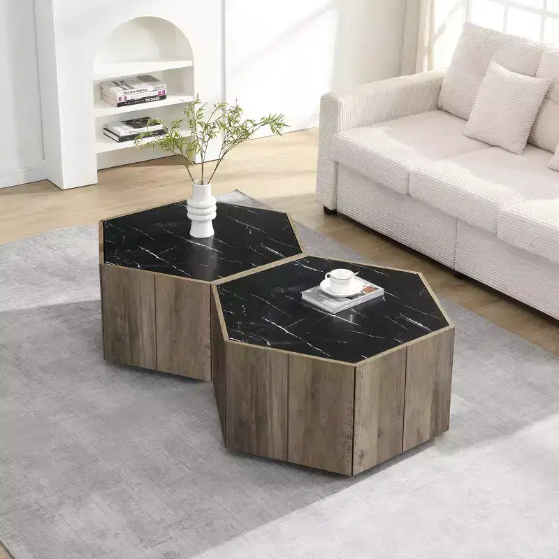 Table basse hexagonale rustique et rétro avec 2 tiroirs cachés, plateau en marbre et finition chêne pour salon