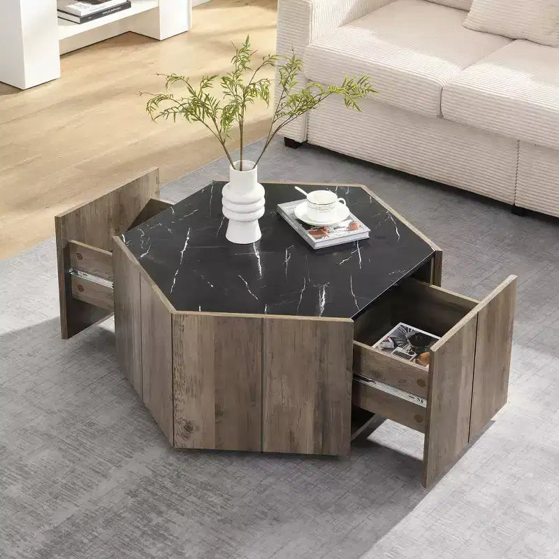 Table basse hexagonale rustique et rétro avec 2 tiroirs cachés, plateau en marbre et finition chêne pour salon