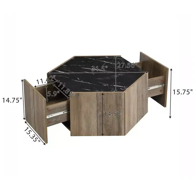 Table basse hexagonale rustique et rétro avec 2 tiroirs cachés, plateau en marbre et finition chêne pour salon
