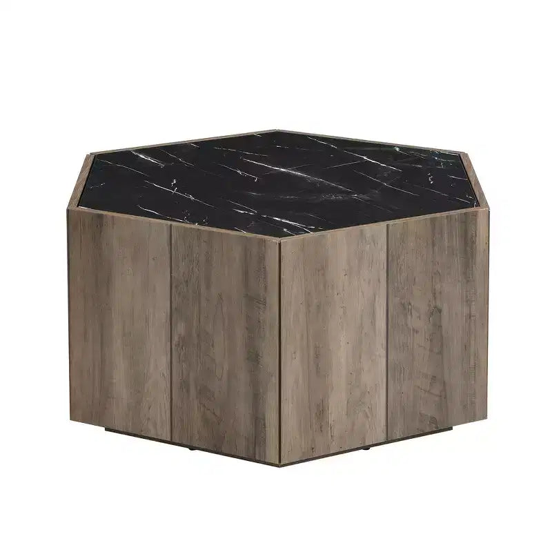 Table basse hexagonale rustique et rétro avec 2 tiroirs cachés, plateau en marbre et finition chêne pour salon