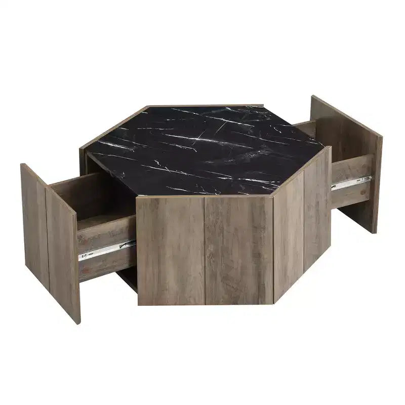 Table basse hexagonale rustique et rétro avec 2 tiroirs cachés, plateau en marbre et finition chêne pour salon