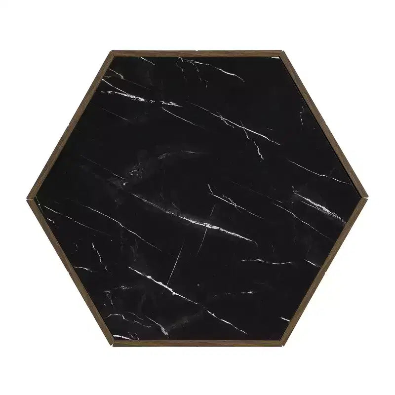 Table basse hexagonale rustique et rétro avec 2 tiroirs cachés, plateau en marbre et finition chêne pour salon