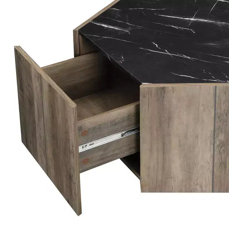 Table basse hexagonale rustique et rétro avec 2 tiroirs cachés, plateau en marbre et finition chêne pour salon