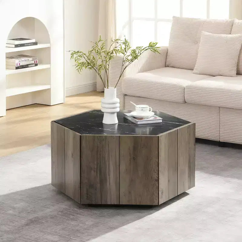 Zeus & Ruta Hexagonal Rustic Retro Coffee Table with 2 Hidden Drawers, Marble Top & Oak Finish for Living Room