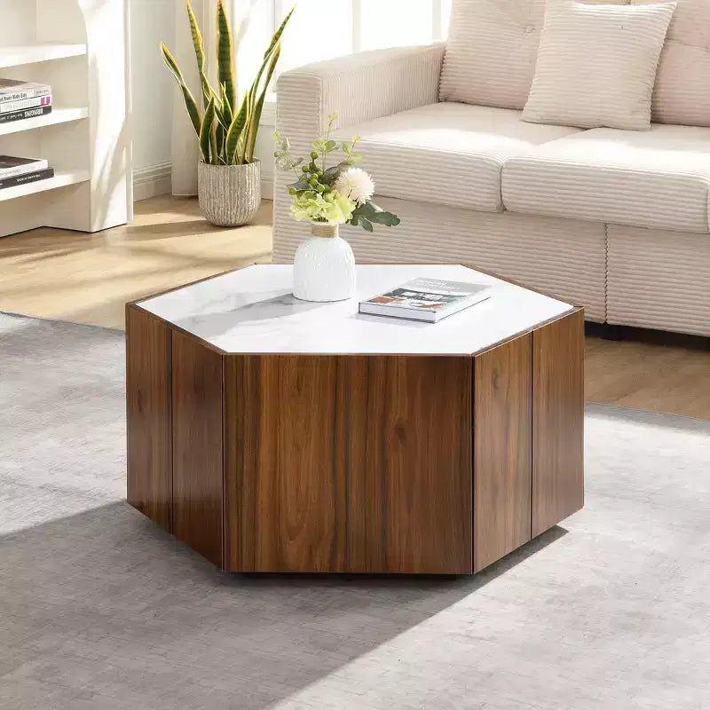 Table basse hexagonale rustique et rétro avec 2 tiroirs cachés, plateau en marbre et finition chêne pour salon