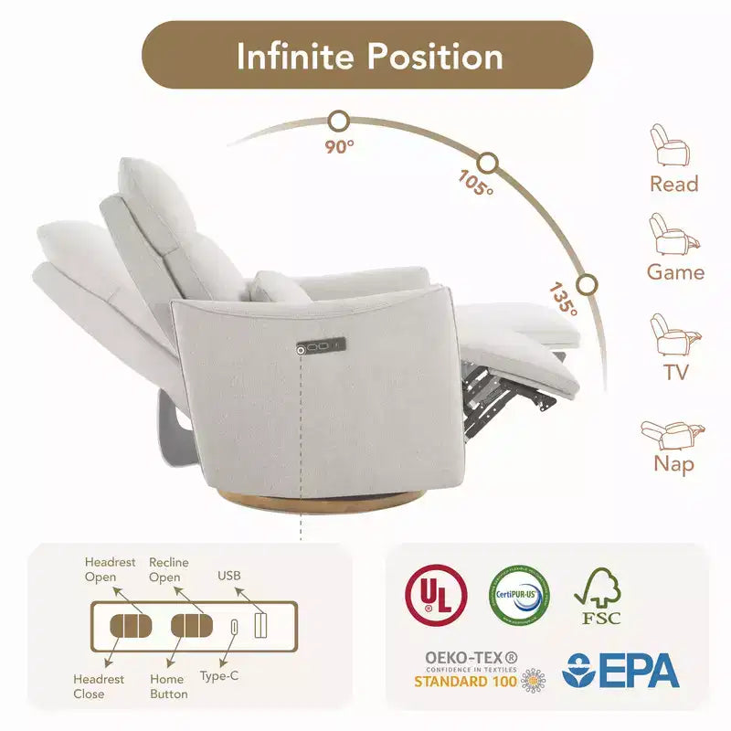Fauteuil inclinable pivotant électrique à double moteur avec coussin lombaire pour chambre de bébé