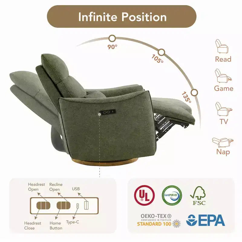 Fauteuil inclinable pivotant électrique à double moteur avec coussin lombaire pour chambre de bébé