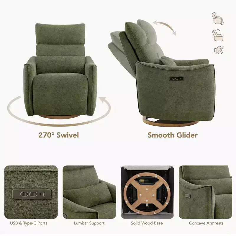 Fauteuil inclinable pivotant électrique à double moteur avec coussin lombaire pour chambre de bébé