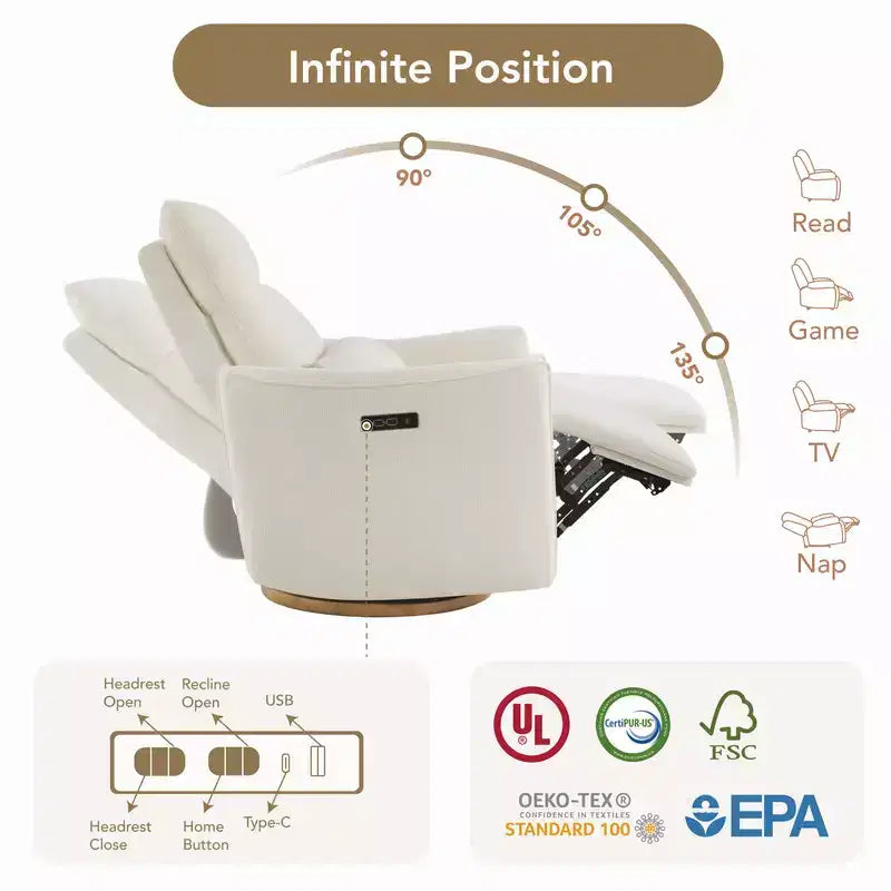 Fauteuil inclinable pivotant électrique à double moteur avec coussin lombaire pour chambre de bébé