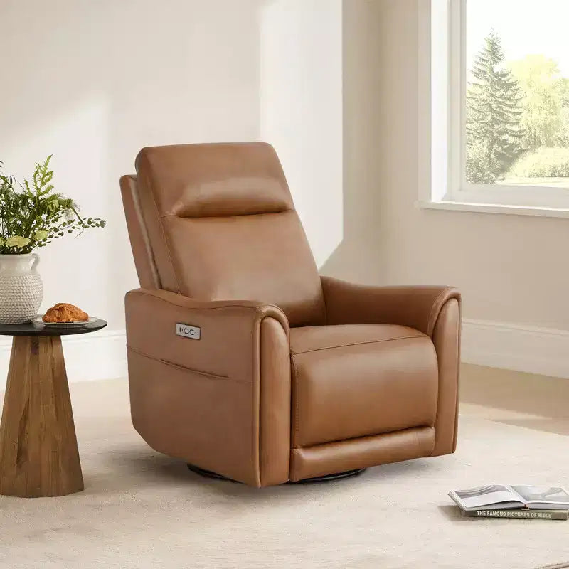 Fauteuil inclinable, pivotant et motorisé en cuir véritable, avec fonction balancelle pour chambre de bébé